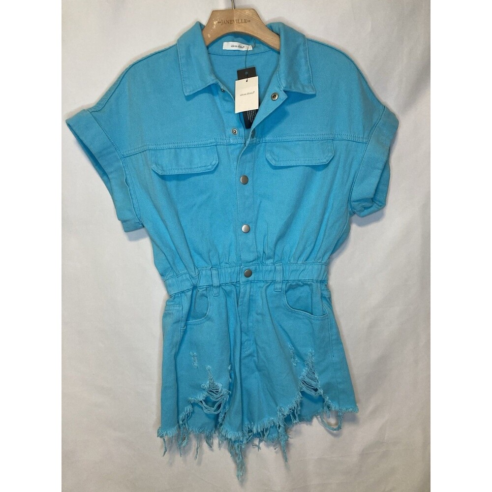 Womens Denim Short Romper S Aqua Blue Distressed Festival Vibrant Boho Trendy